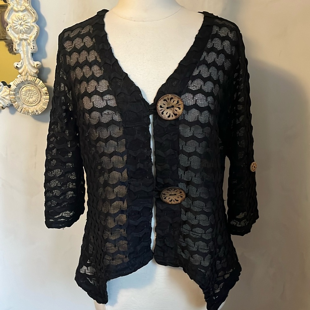 Nina Leonard Vintage Black Sheer Cardigan w/large wooden Buttons Size Large - Picture 1 of 15